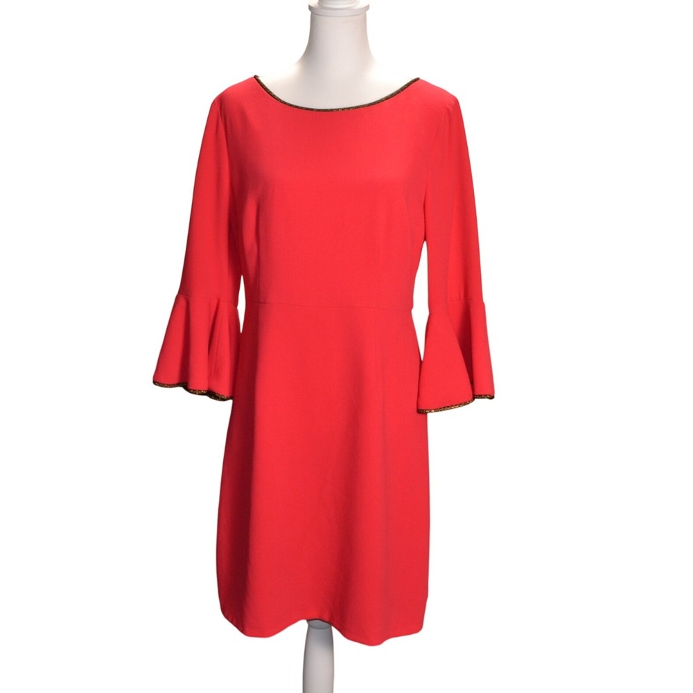 Trina Turk Bell‎ Sleeve Dress 10 Coral Pink Metallic Trim Cocktail Party Shift